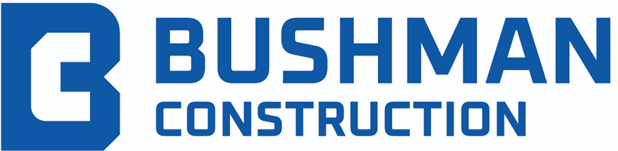 Logo of Bushman Construction with a stylized 'B' on the left and the company name in bold blue letters on a white background.