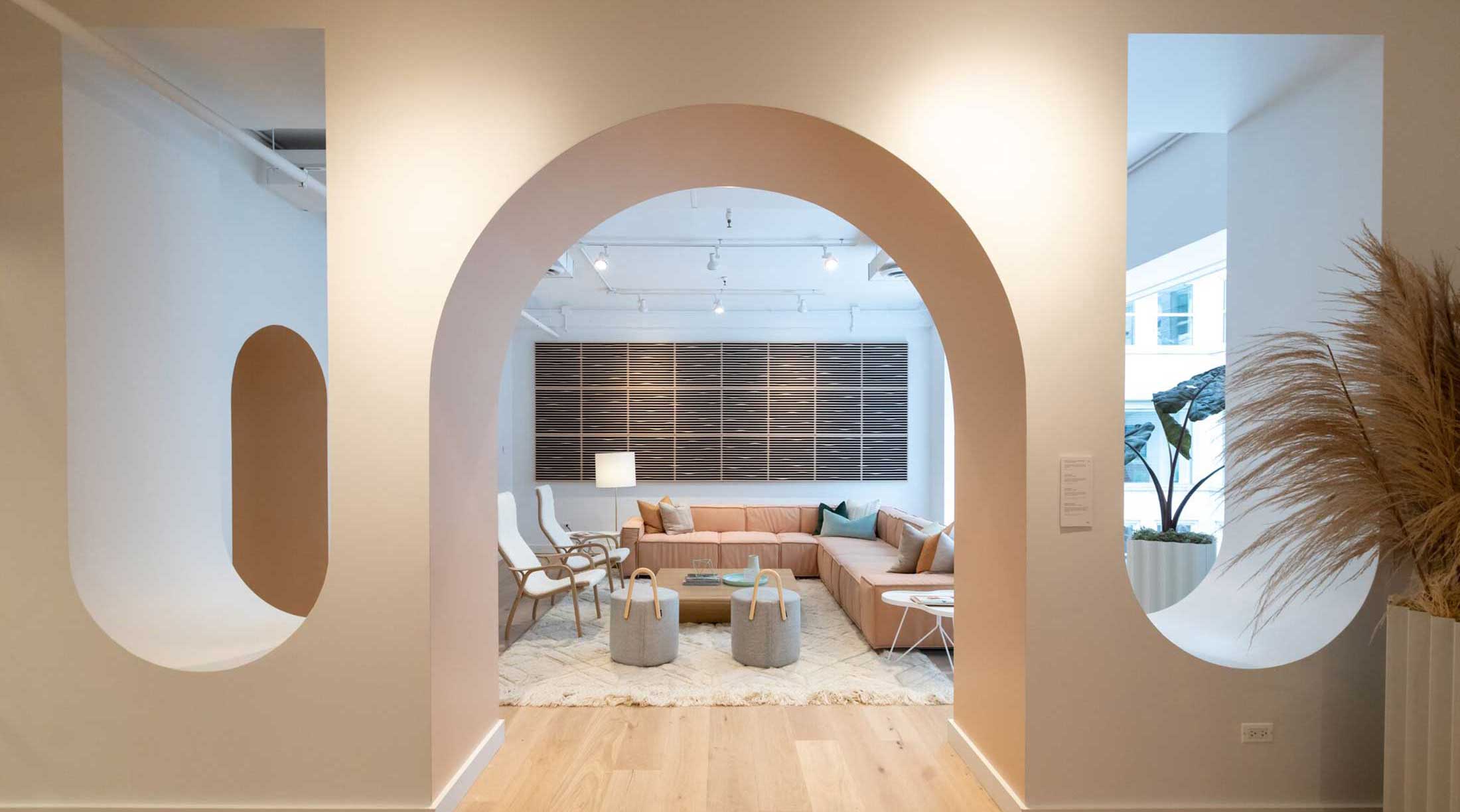 A living room with a couch and a table