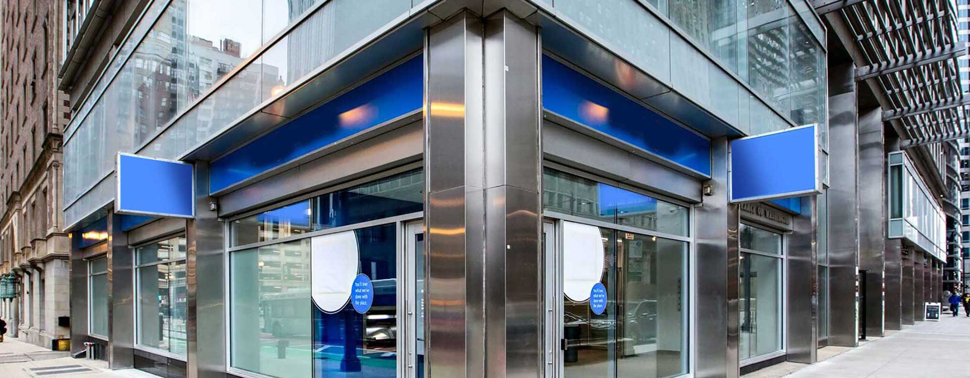 A building with blue and white signs on it